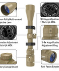 3-9x40 Rifle Scope with red green illuminated rangefinder reticle showing multi-coated lens, adjustments, and eyepiece
