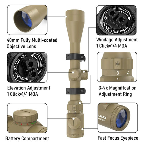 3-9x40 Rifle Scope with red green illuminated rangefinder reticle showing multi-coated lens, adjustments, and eyepiece