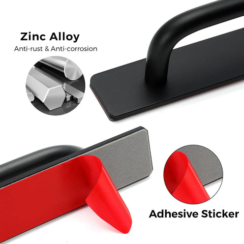 Self Adhesive Cabinet Handles 5.83 Inch Black Zinc Alloy Drawer Pulls showing anti-rust construction and adhesive application