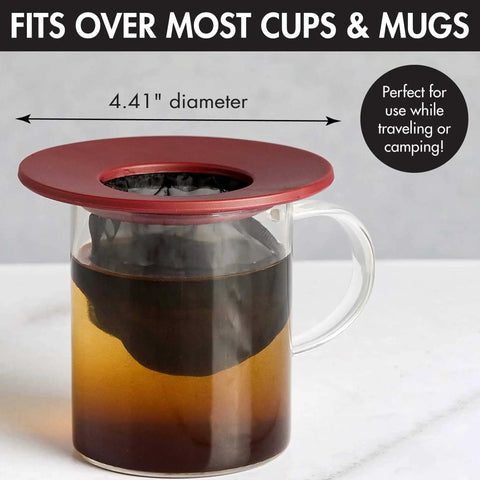 Portable Pour Over Coffee Maker With Reusable Fine Mesh Filter for Single Cup on clear glass mug, red, 4.41" diameter