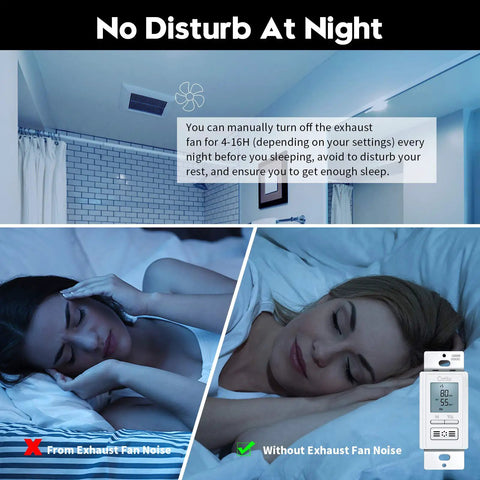 Sleeping woman with New Generation Humidity Sensor Switch For In Wall Bathroom Fan Auto Manual Control shown in use.