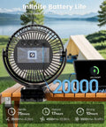 Clip On 8 Inch Portable Fan With 20000mAh Battery Rechargeable USB Desk Personal Fan in outdoor setting with camping gear