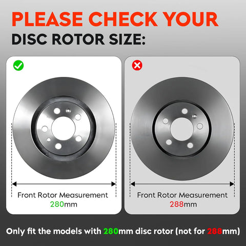 Diagram showing comparison between a 280mm and 288mm front rotor for Front Steering Knuckle And Wheel Bearing Hub Assembly For Beetle, Golf, And Jetta With 280mm Rotor Left And Right Sides Direct Fit Aftermarket Replacement Replaces 1J0498465 And 1J0615 Fits Beetle 1998-2010 Golf 1999-2006 Jetta 1999-2005