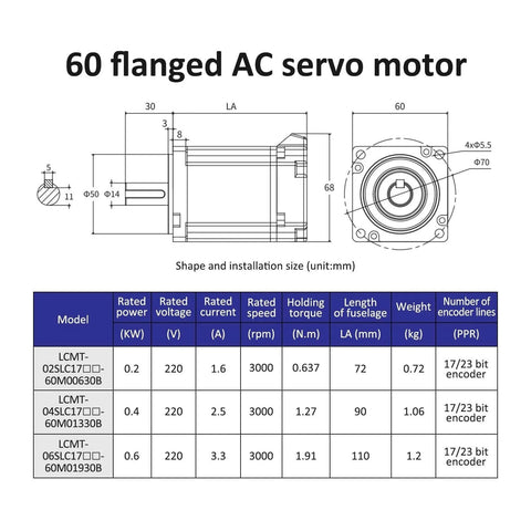 Technical diagram of 60 flanged AC servo motor dimensions and specifications for A-5 200W 400W 600W Servo Motor With Drive Pack