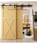 Sliding Barn Door Kit for Bypass Double Doors With Heavy-Duty J Shaped Rollers and Rail System installed in modern living room.