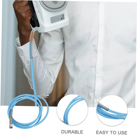 High Temperature Steam Hose Replacement Tube For Steam Irons, blue heavy-duty design shown with user and detailed inserts