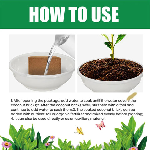 Instructions for using Natural Fiber Compressed Mulch For Indoor And Outdoor Gardens with potted plant example