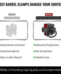 Comparison of ordinary shotgun barrel clamp and GOTICAL protective clamp with silicone, showing benefits of Shotgun Barrel Clamp Mount With Rubber Pads And Picatinny Rail Flashlight Attachment For Mossberg 500 590 930 940 Remington 870 1100 1187 Maverick 88 Winchester Stoeger SXP And Other Compatible 12 Gauge Shotguns