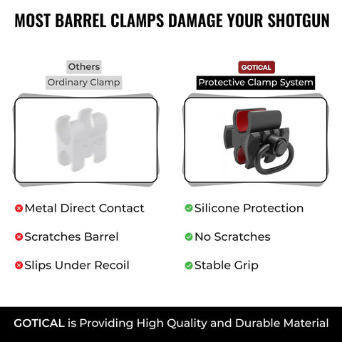 Comparison of ordinary shotgun barrel clamp and GOTICAL protective clamp with silicone, showing benefits of Shotgun Barrel Clamp Mount With Rubber Pads And Picatinny Rail Flashlight Attachment For Mossberg 500 590 930 940 Remington 870 1100 1187 Maverick 88 Winchester Stoeger SXP And Other Compatible 12 Gauge Shotguns