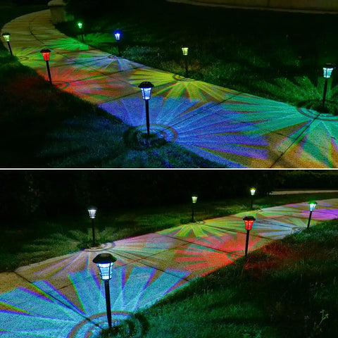 12 Pack Solar Pathway Lights With Cool Color Changing LED Landscape Lighting Waterproof Outdoor Garden Decor Auto On Off With 7 Color Options For Yard Walkway Driveway Patio And Lawn lighting up a pathway with colorful patterns at night