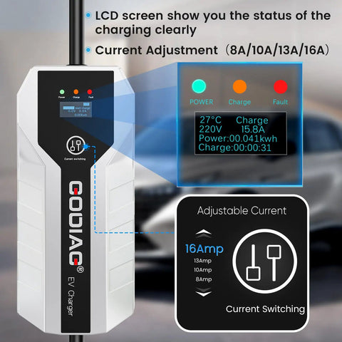 Portable J1772 EV Charger With 20Ft Cable, LCD showing charge status, ETL certified 16 Amp Level 1 and Level 2, NEMA compatibility