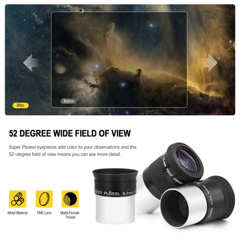 1.25 Inch Telescope Eyepiece Set For Street Worthy Views, Ultra Clear Super Plossl, 5 Element Fully Multi Coated Optics
