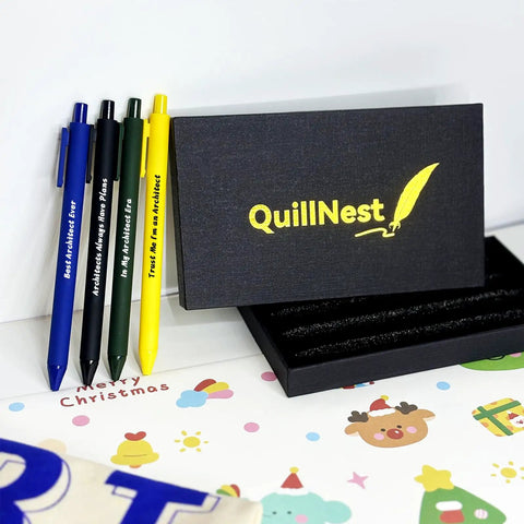 Funny Architect Pen Set Of 4 Engraved Ballpoint Pens For Men Architecture Gifts set with QuillNest box on festive backdrop.