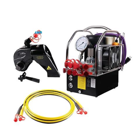 Heavy Duty Hydraulic Torque Wrench With Adjustable Square Drive And Rock Solid Alloy Steel Construction Built Tough For Demanding Industrial Jobs Delivering Serious Cranking Power Anytime and hydraulic pump with hoses.