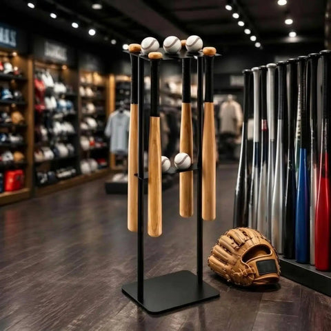 Heavy Duty Baseball Bat Stand With Badass Iron Frame Hella Tough Sports Equipment Rack For Game Room Gear Organizer And Electroplated Bat Display Holder Easy Setup with five bats and baseballs in sports store.