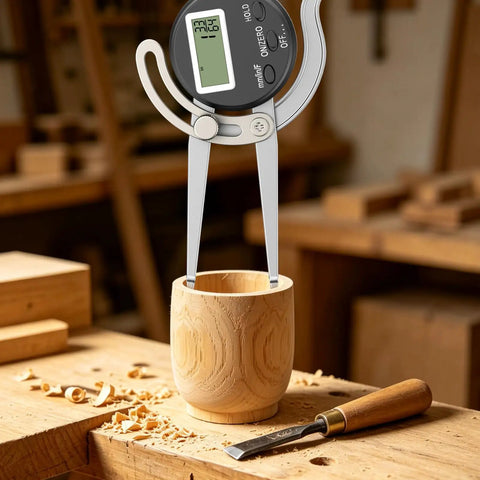Handy Digital Inside Caliper Gauge For Woodworking 0.5 To 7 Inch Range With Metric Fraction Decimal Readings Alloy Jaws Digital Display With Hold Function Pro Grade Inside Measuring Tool measuring a wooden cup opening