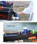 Right and middle shelves of Foldable Charcoal Grill With Three Temperature Settings, Windproof Camping BBQ, showcasing compartment space.