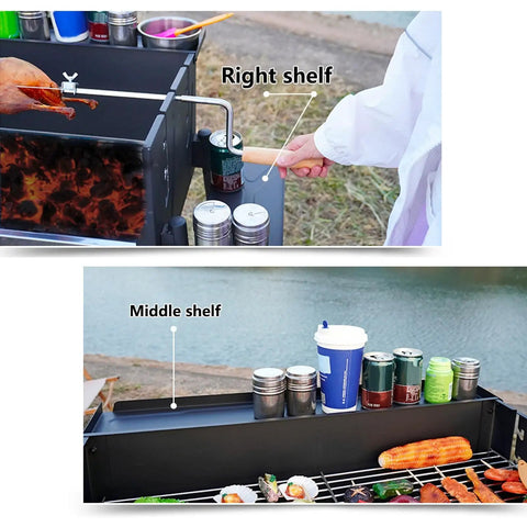 Right and middle shelves of Foldable Charcoal Grill With Three Temperature Settings, Windproof Camping BBQ, showcasing compartment space.