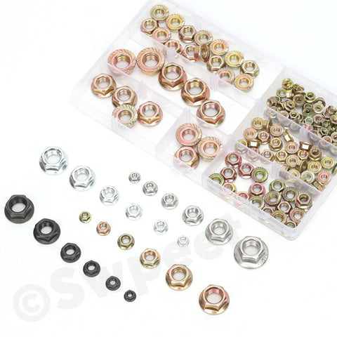 Heavy-Duty 150-Piece Assortment Kit Packed With M3 M4 M5 M6 M8 And M10 Black 304 Stainless Steel Serrated Flange Lock Nuts displayed in a clear organizer.