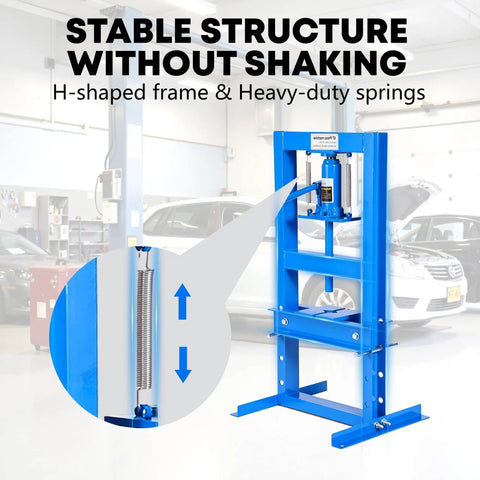 Beefy 6 10 12 And 20 Ton H Frame Hydraulic Shop Press With Adjustable Worktable And Plate Set, blue frame, for garages