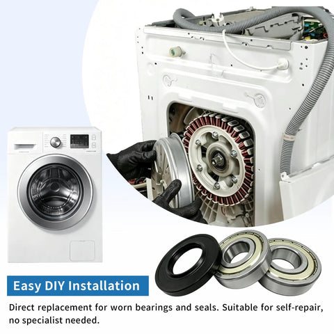 Premium Washer Tub Bearing And Seal Kit For Front Load Washers, DIY repair parts displayed with washer interior.