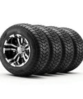 Four 205/50-10 golf cart wheels and tires set with 10 inch aluminum alloy rims, black finish, all terrain, up to 675 lb load