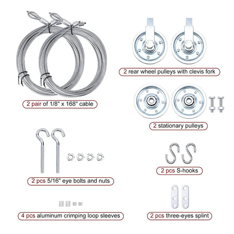 Garage Door Cable And Pulley Replacement Kit With Two Pairs Of Galvanized Aircraft Cables And Four Heavy Duty Three Inch Pulleys And Fasteners