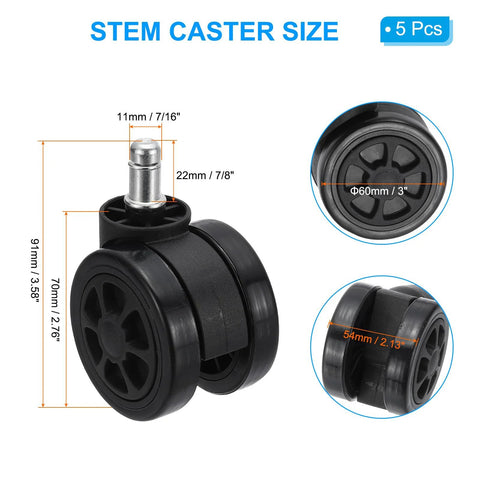 Diagram of Three Inch Office Chair Wheel Replacement Set Five Pack With Seven Eighths Inch Universal Stem 22x11mm sizes shown