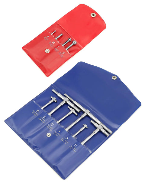 Six-piece stainless steel telescoping bore gauge set in red and blue roll-up pouches.