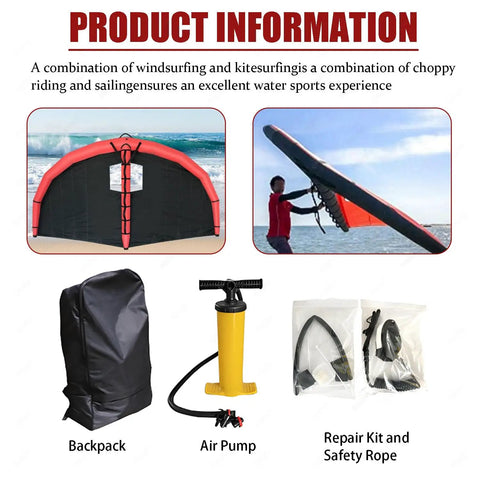 Inflatable Surfing Wing For Kite Surfing With Window Built To Last Durable TPU Coated Polyester Wing For Easy Foil Riding Clear View Design Weather Ready Water Sports Gear Perfect Setup For Foil Board And Windsurfing Fun, shown with air pump, backpack, repair kit, and safety rope.