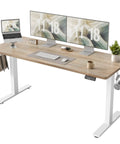 Electric Standing Desk With Splice Board, 63X24 Inch Height Adjustable Sit Stand Computer Table For Home Office with dual monitors and laptop.