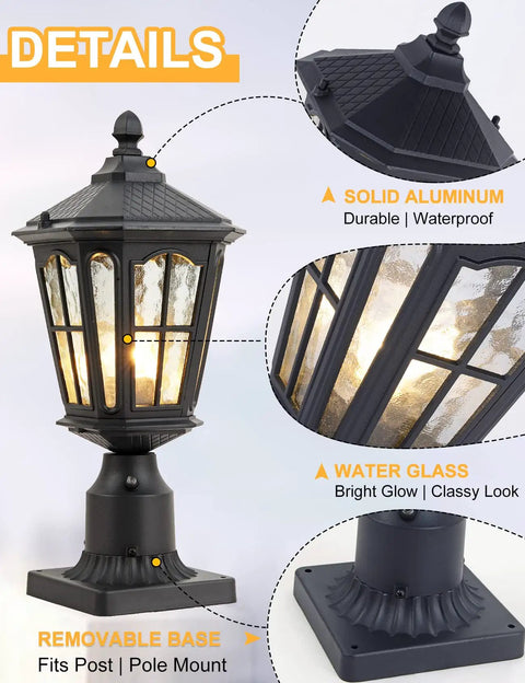 Outdoor Post Light With 3 Inch Pier Mount Base, 17 Inch High Exterior Fixture, IP65 die cast aluminum, ripple glass