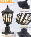 Close-up of Solar Post Light With 3 Inch Pier Mount Base, Die Cast Aluminum Pillar Lamp With Water Glass detailing, matte black finish.