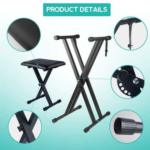 Double X Keyboard Stand And Piano Bench Set With Lockable Straps Height Adjustable From Low To High Rock Solid Steel Construction 7 Adjustable Heights Black close-up
