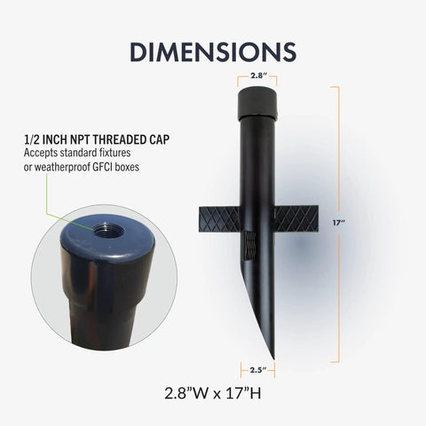 Heavy Duty 17 Inch Outdoor Landscape Lighting Mounting Post With ABS Ground Stake And Stabilizing Wings One Half Inch NPT Cap