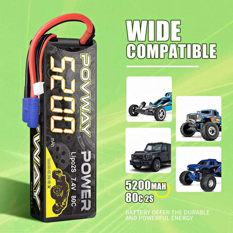 2 Pack 7.4V 5200mAh 80C LiPo Battery With EC3 Plug Hard Case For 1/8 And 1/10 Scale RC Cars Trucks Buggies Truggies Drones Airplanes UAVs displayed on green background with RC vehicles illustrations