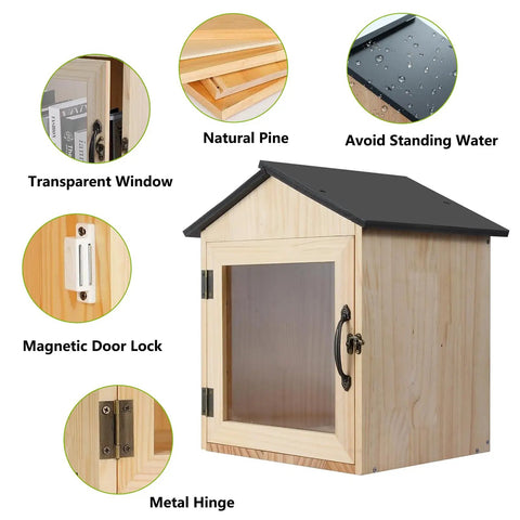 Outdoor Wooden Little Library Box for DIY Book Exchange with transparent window, magnetic lock, metal hinge, and pine material