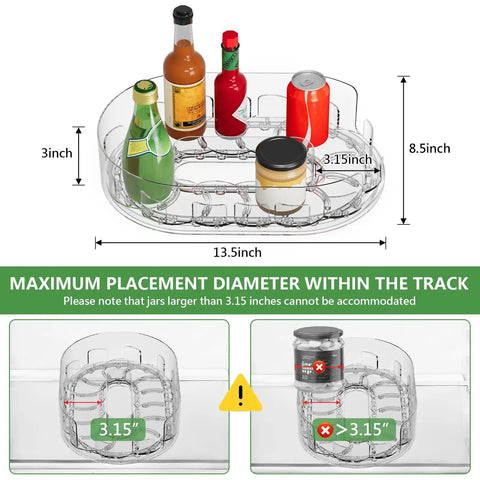 Clear Rectangular Lazy Susan Organizer For Refrigerator 13.5 By 8.5 Inches With 360 Degree Turntable holding condiment bottles