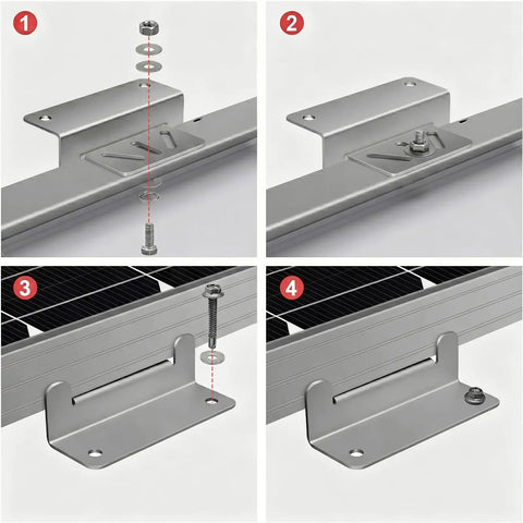 Heavy Hitter Solar Panel Z Bracket Mounts 16 Pack Thick Reinforced Stainless Steel installation steps showing bolt and washer setup.
