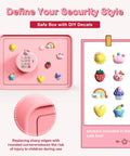Front view of a Kids Mini Safe Cash Box Pink Macaron with Coin and Bill Slot, Keypad and Key Lock USB Backup, DIY Stickers included.