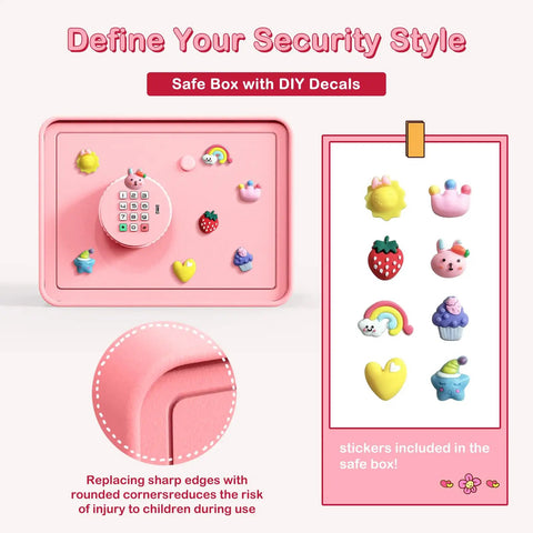 Front view of a Kids Mini Safe Cash Box Pink Macaron with Coin and Bill Slot, Keypad and Key Lock USB Backup, DIY Stickers included.
