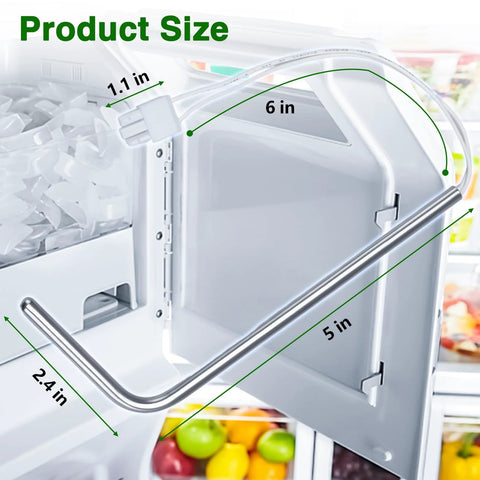 Front view of white ice maker bin with metal handle; thermistor temperature sensor replacement part.