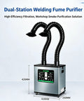 Heavy Lift Dual Station Solder Fume Extractor With Four Stage Air Filtration And Quiet Brushless Motor Built With Two Bendable Gooseneck Ducts For Sharp Laser Etching And Garage Hobby Projects, 420mm x 250mm size, dual gooseneck ducts.