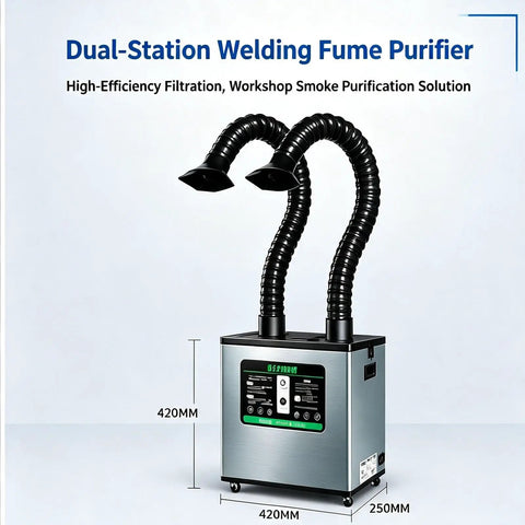 Heavy Lift Dual Station Solder Fume Extractor With Four Stage Air Filtration And Quiet Brushless Motor Built With Two Bendable Gooseneck Ducts For Sharp Laser Etching And Garage Hobby Projects, 420mm x 250mm size, dual gooseneck ducts.