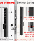 Slim Sliding Glass Door Lock With Biometric Fingerprint Remote App Control Keypad And RFID Access Electronic Digital Mortise Smart Lock For Double Hook Patio Sliding Doors 2085 Slim Fit Size Measure Before You Buy For Best Fit shown in installation diagram with size specifications.