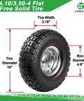 10 Inch Heavy Duty Solid Flat Free Tire And Wheel Set For Carts And Hand Trucks, 4.10/3.50-4, side view showing dimensions
