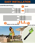 Diagram showing installation of Universal 2X Turbo Nozzle Air Booster Attachment For Leaf Blowers, with woman using blower on patio
