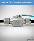 In-line coaxial lightning arrester and surge protector with UHF SO239 connectors for RF ham radios and antennas.