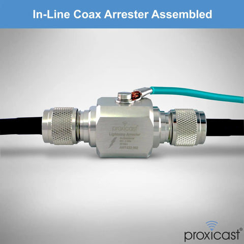 In-line coaxial lightning arrester and surge protector with UHF SO239 connectors for RF ham radios and antennas.