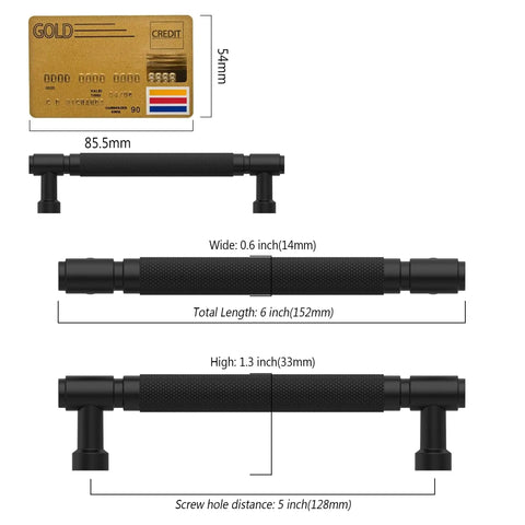 Heavy Duty Matte Black Knurled Cabinet Pulls, Five Inch Center To Center, Ten Pack Slick Modern Drawer Handles For Kitchens, Easy Install No Fuss Top Shelf Metal Hardware close-up with measurements